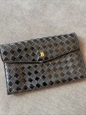 Bally woven black patent leather wallet clutch